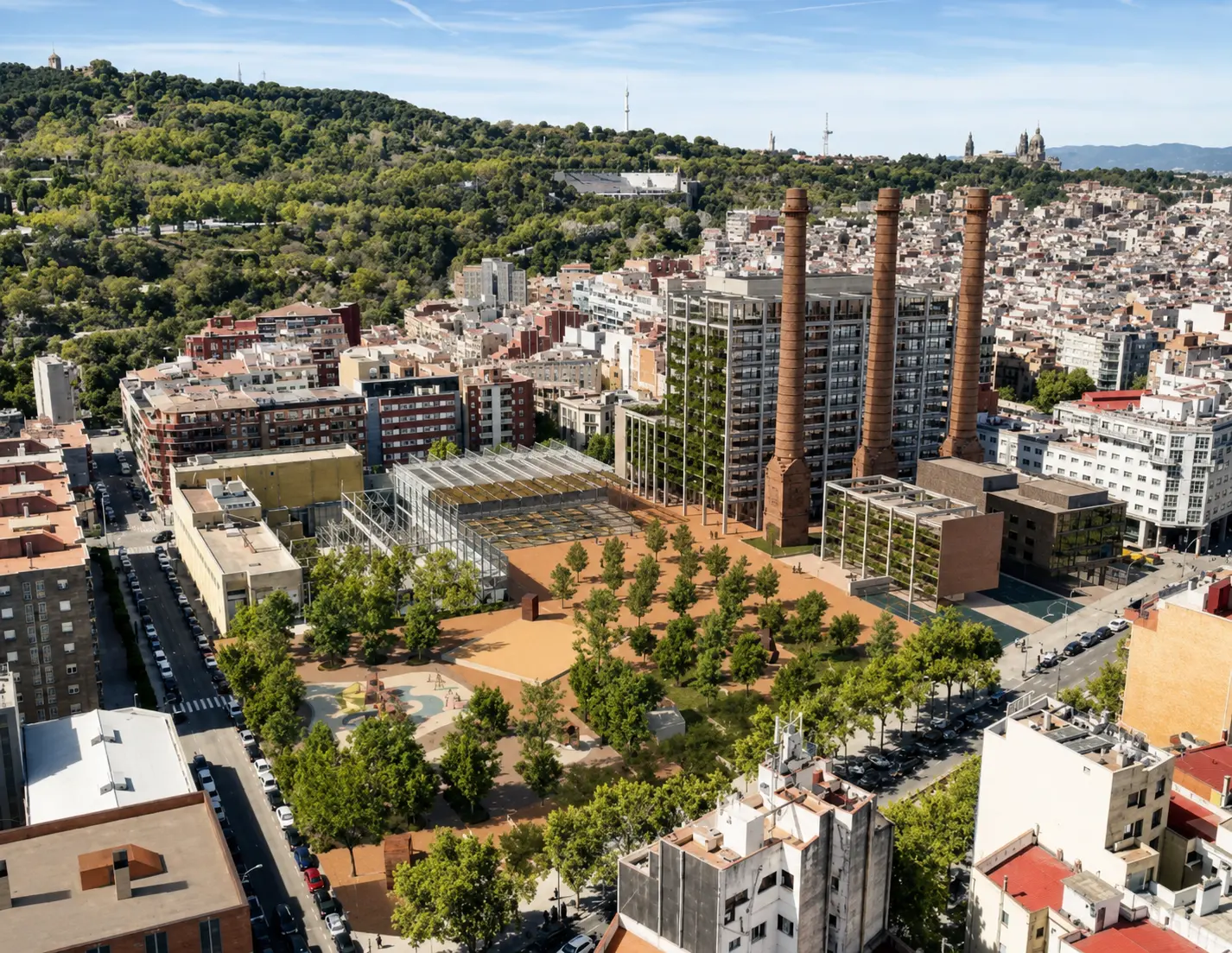 Vista aèria de les xemeneies industrials del Poblenou, herència de la revolució industrial de Barcelona